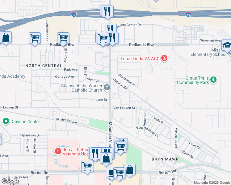 map of restaurants, bars, coffee shops, grocery stores, and more near 10794 Loro Verde Avenue in Loma Linda