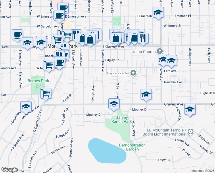 map of restaurants, bars, coffee shops, grocery stores, and more near 418 South Alhambra Avenue in Monterey Park