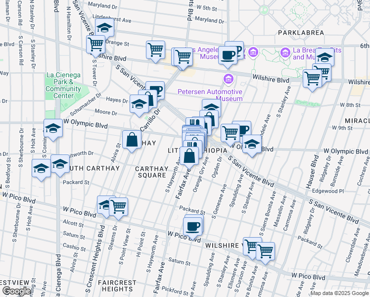 map of restaurants, bars, coffee shops, grocery stores, and more near 1024 S Hayworth Ave in Los Angeles