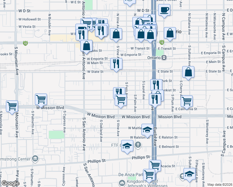 map of restaurants, bars, coffee shops, grocery stores, and more near 617 South Vine Avenue in Ontario