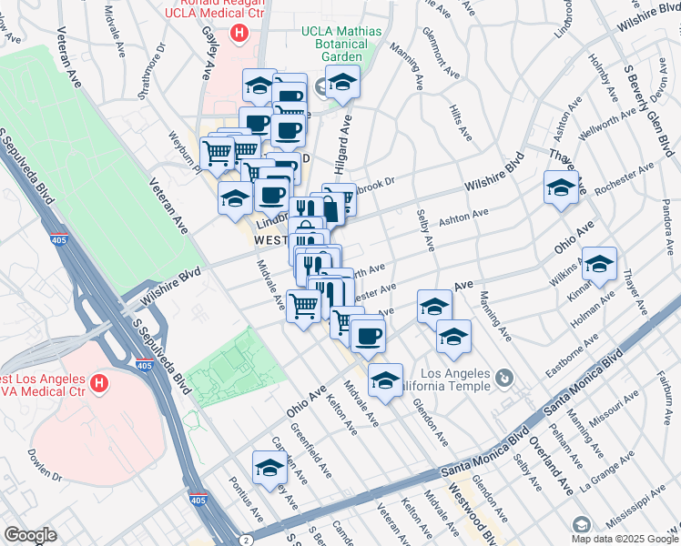 map of restaurants, bars, coffee shops, grocery stores, and more near 10859 Wellworth Avenue in Los Angeles