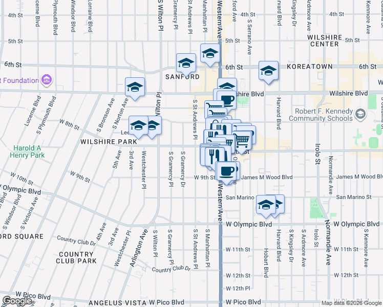 map of restaurants, bars, coffee shops, grocery stores, and more near 816 South Saint Andrews Place in Los Angeles