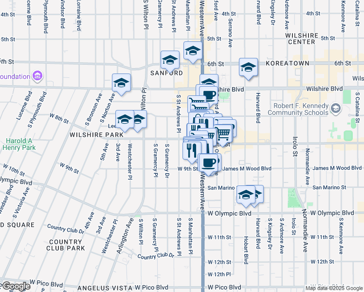 map of restaurants, bars, coffee shops, grocery stores, and more near 816 South Saint Andrews Place in Los Angeles