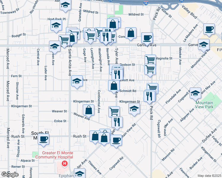map of restaurants, bars, coffee shops, grocery stores, and more near 10949 Schmidt Road in El Monte