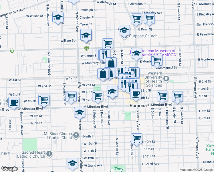 map of restaurants, bars, coffee shops, grocery stores, and more near 516 West 2nd Street in Pomona