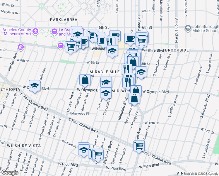 map of restaurants, bars, coffee shops, grocery stores, and more near 5401 West Olympic Boulevard in Los Angeles