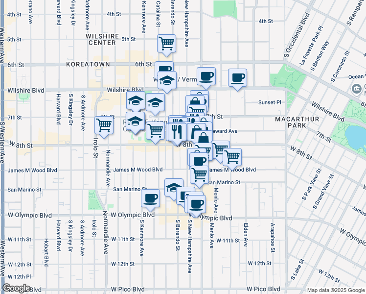 map of restaurants, bars, coffee shops, grocery stores, and more near 3054 West 8th Street in Los Angeles