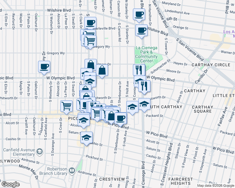 map of restaurants, bars, coffee shops, grocery stores, and more near 1064 South Bedford Street in Los Angeles