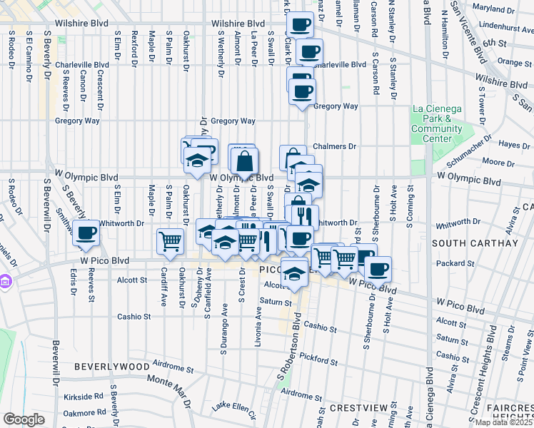 map of restaurants, bars, coffee shops, grocery stores, and more near 465 South Swall Drive in Beverly Hills