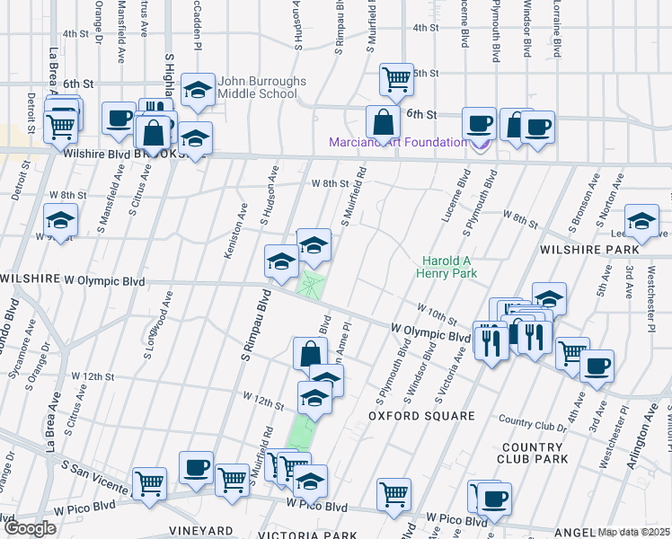 map of restaurants, bars, coffee shops, grocery stores, and more near 960 South Muirfield Road in Los Angeles