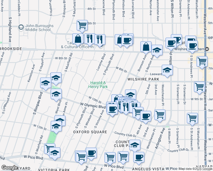 map of restaurants, bars, coffee shops, grocery stores, and more near 892 South Windsor Boulevard in Los Angeles