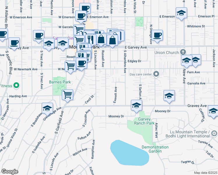 map of restaurants, bars, coffee shops, grocery stores, and more near 420 Russell Avenue in Monterey Park