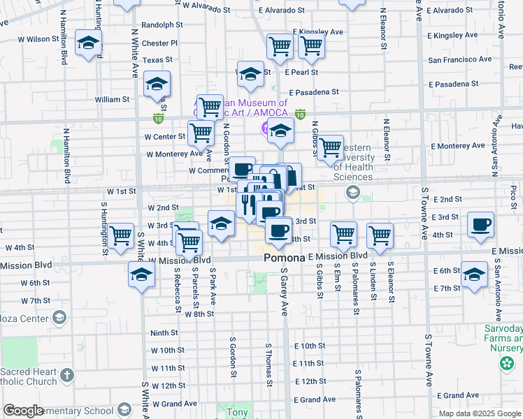map of restaurants, bars, coffee shops, grocery stores, and more near 200 West 2nd Street in Pomona