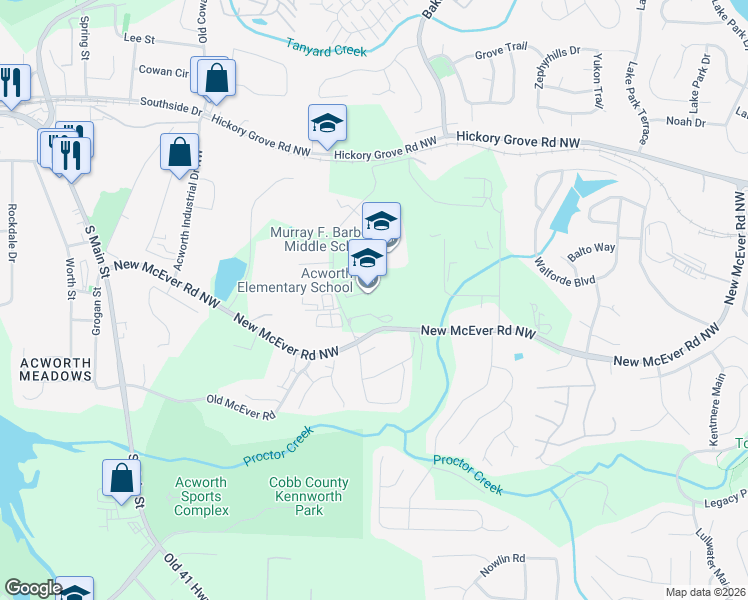 map of restaurants, bars, coffee shops, grocery stores, and more near 4220 Cantrell Road Northwest in Acworth