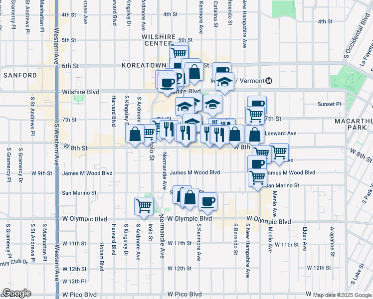 map of restaurants, bars, coffee shops, grocery stores, and more near 3188 West 8th Street in Los Angeles