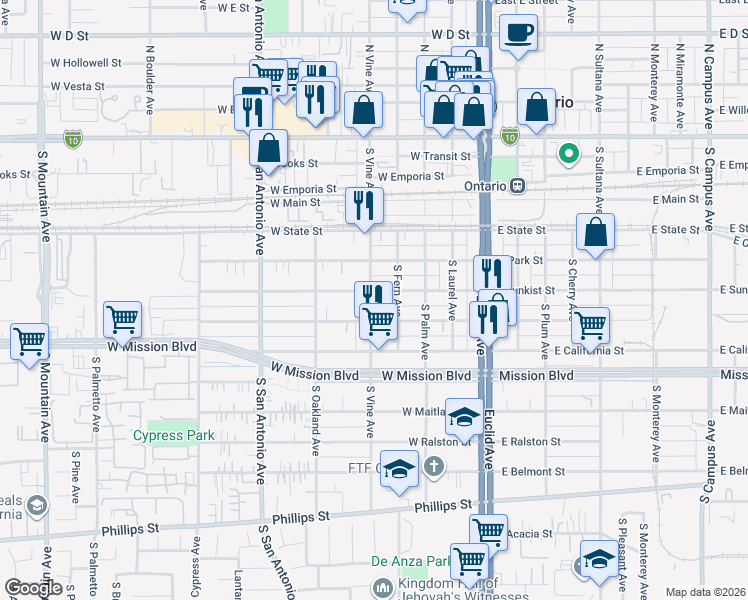 map of restaurants, bars, coffee shops, grocery stores, and more near 609 South Vine Avenue in Ontario
