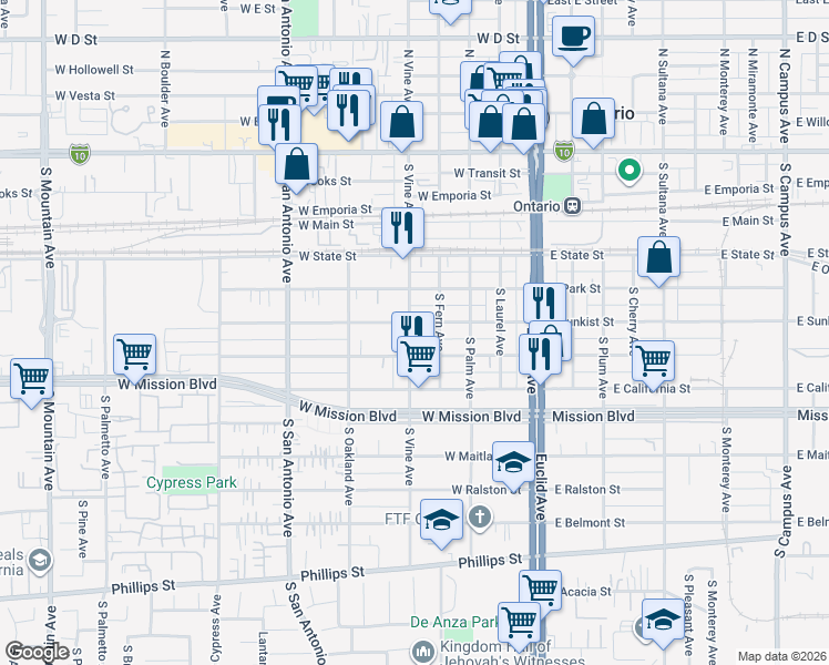 map of restaurants, bars, coffee shops, grocery stores, and more near 609 South Vine Avenue in Ontario