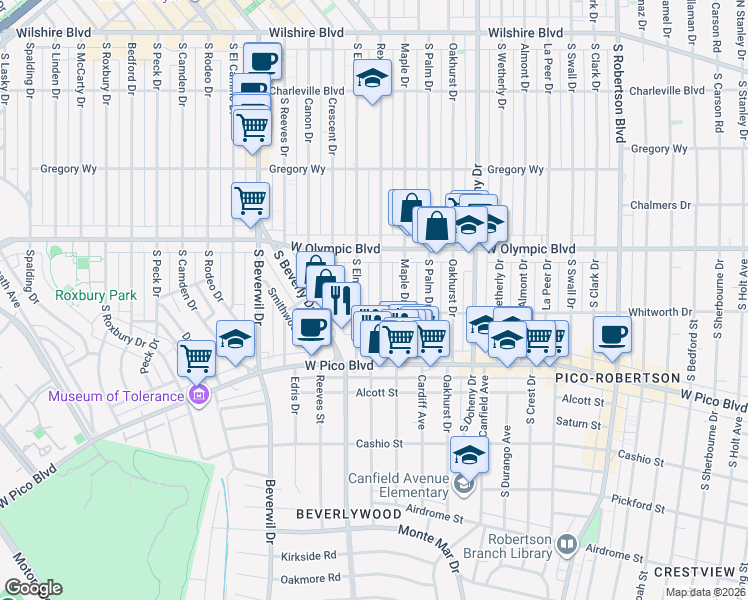 map of restaurants, bars, coffee shops, grocery stores, and more near 454 South Rexford Drive in Beverly Hills