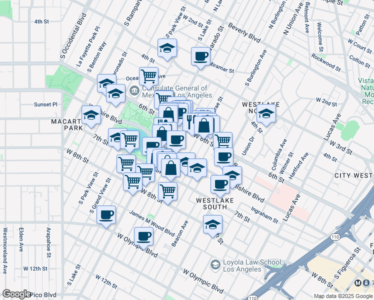 map of restaurants, bars, coffee shops, grocery stores, and more near 631 South Bonnie Brae Street in Los Angeles
