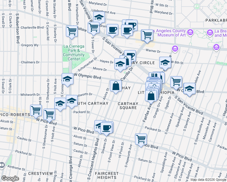 map of restaurants, bars, coffee shops, grocery stores, and more near 1042 South Crescent Heights Boulevard in Los Angeles