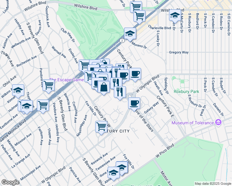 map of restaurants, bars, coffee shops, grocery stores, and more near 2025 Avenue of the Stars in Los Angeles