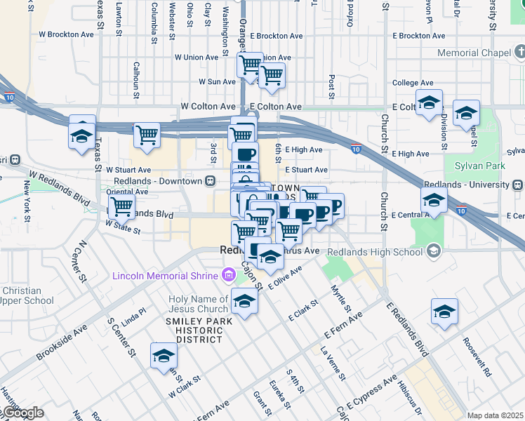 map of restaurants, bars, coffee shops, grocery stores, and more near 108 5th Street in Redlands