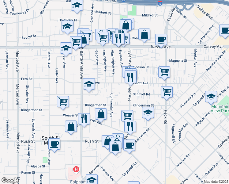 map of restaurants, bars, coffee shops, grocery stores, and more near 2502 Continental Avenue in El Monte
