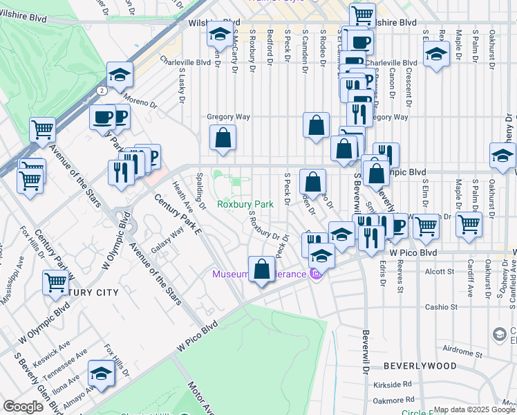 map of restaurants, bars, coffee shops, grocery stores, and more near 468 South Roxbury Drive in Beverly Hills