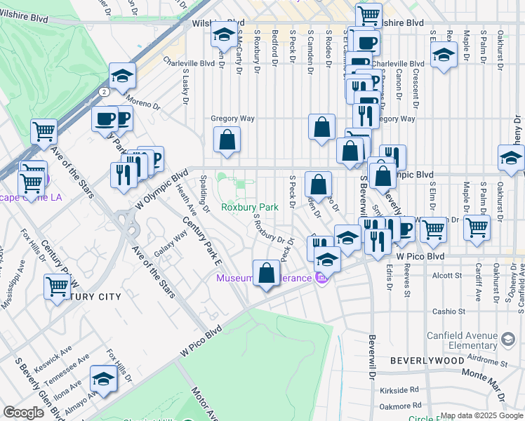 map of restaurants, bars, coffee shops, grocery stores, and more near 468 South Roxbury Drive in Beverly Hills