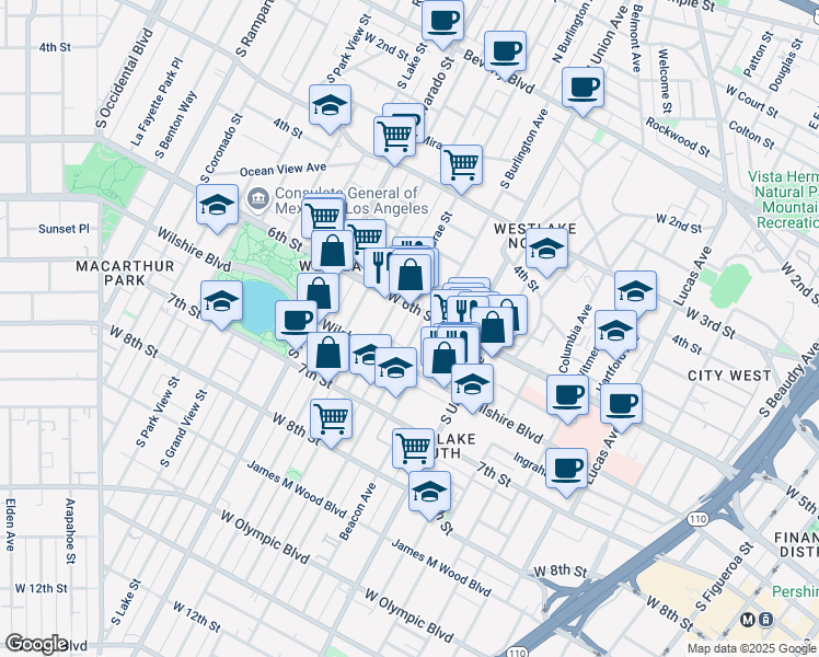map of restaurants, bars, coffee shops, grocery stores, and more near 621 South Burlington Avenue in Los Angeles