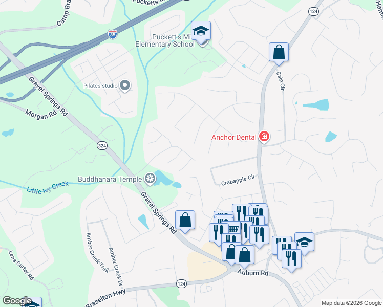 map of restaurants, bars, coffee shops, grocery stores, and more near 2750 Matlin Way in Buford