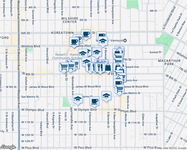 map of restaurants, bars, coffee shops, grocery stores, and more near 3142 West 8th Street in Los Angeles