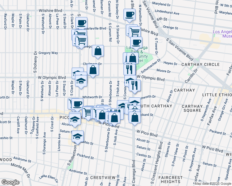 map of restaurants, bars, coffee shops, grocery stores, and more near 1059 South Holt Avenue in Los Angeles