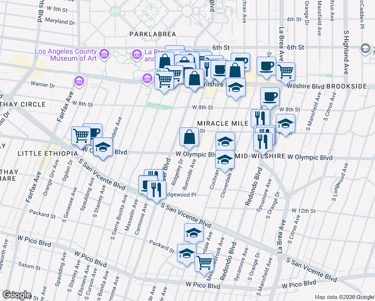 map of restaurants, bars, coffee shops, grocery stores, and more near 946 South Ridgeley Drive in Los Angeles
