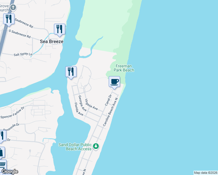 map of restaurants, bars, coffee shops, grocery stores, and more near 1801 Canal Drive in Carolina Beach