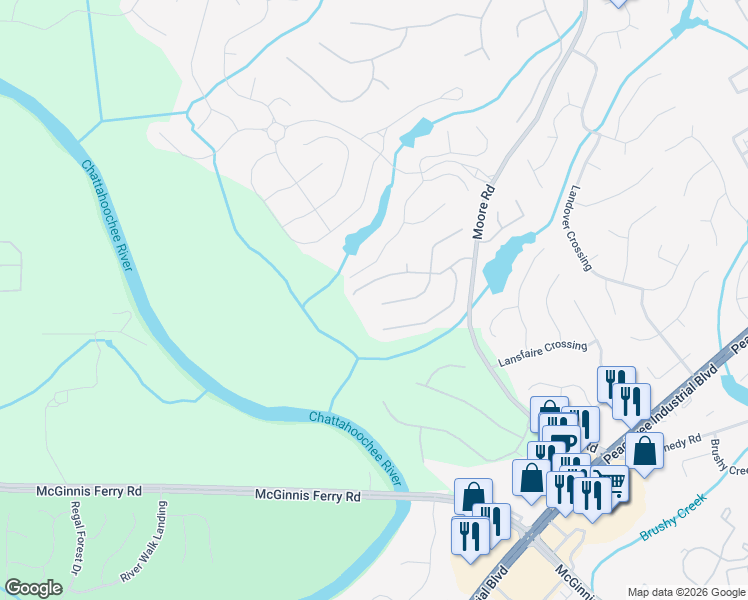 map of restaurants, bars, coffee shops, grocery stores, and more near 1119 Croftmoore Landing in Suwanee