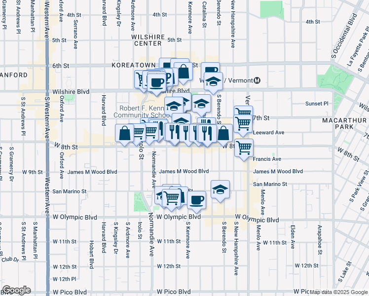 map of restaurants, bars, coffee shops, grocery stores, and more near 3188 West 8th Street in Los Angeles