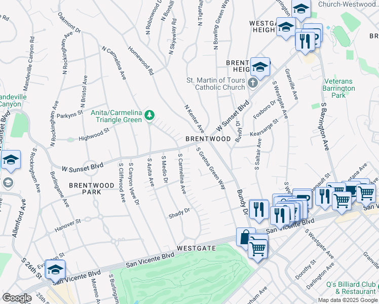 map of restaurants, bars, coffee shops, grocery stores, and more near 12318 Sunset Boulevard in Los Angeles