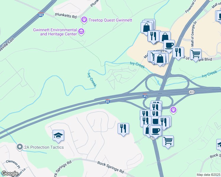map of restaurants, bars, coffee shops, grocery stores, and more near 1400 Mall of Georgia Boulevard in Buford