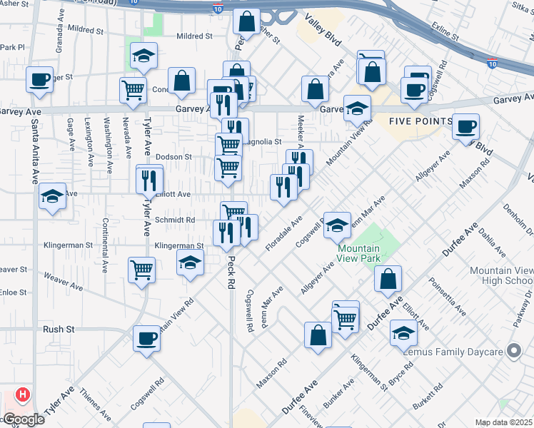 map of restaurants, bars, coffee shops, grocery stores, and more near 2519 Mountain View Road in El Monte
