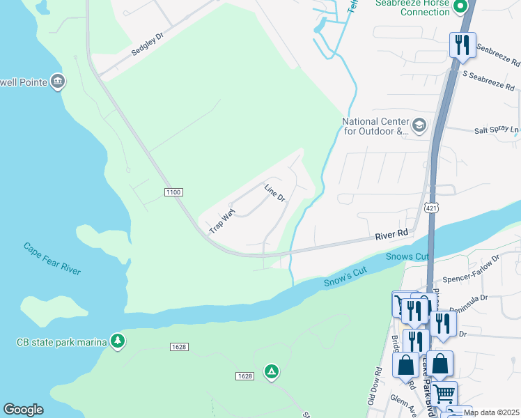 map of restaurants, bars, coffee shops, grocery stores, and more near 7824 Chip Shot Way in Wilmington