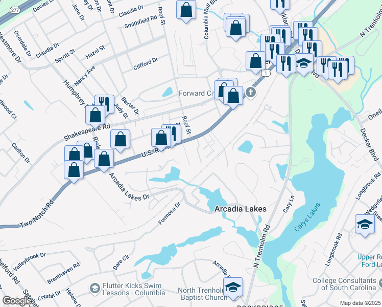 map of restaurants, bars, coffee shops, grocery stores, and more near 1530 Leaside Drive in Columbia