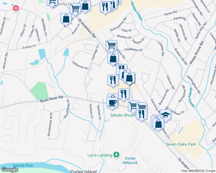 map of restaurants, bars, coffee shops, grocery stores, and more near 250 Jimmy Love Lane in Columbia
