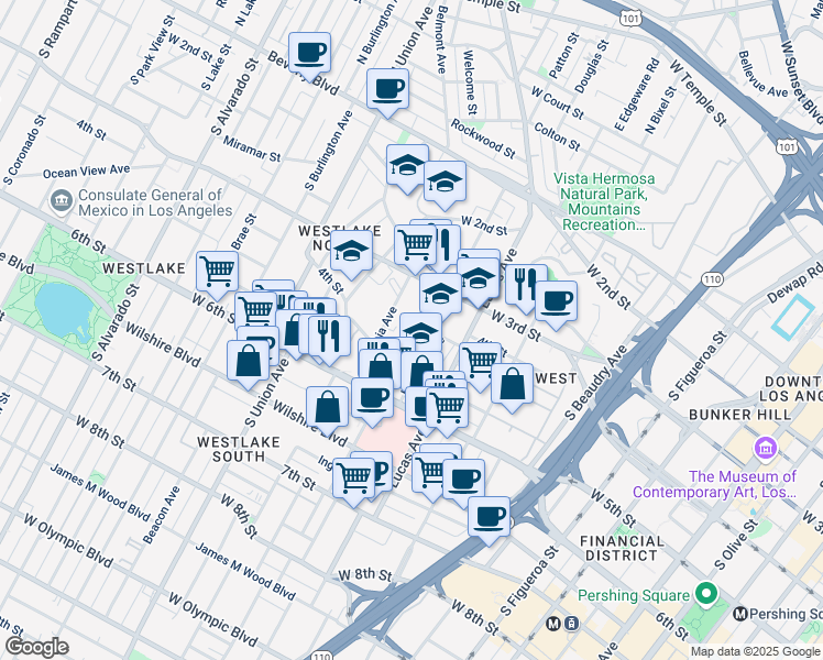 map of restaurants, bars, coffee shops, grocery stores, and more near 417 Witmer Street in Los Angeles