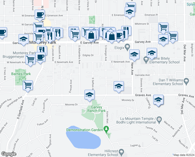 map of restaurants, bars, coffee shops, grocery stores, and more near 422 South Sefton Avenue in Monterey Park