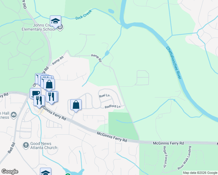 map of restaurants, bars, coffee shops, grocery stores, and more near 9055 Friarbridge Drive in Suwanee