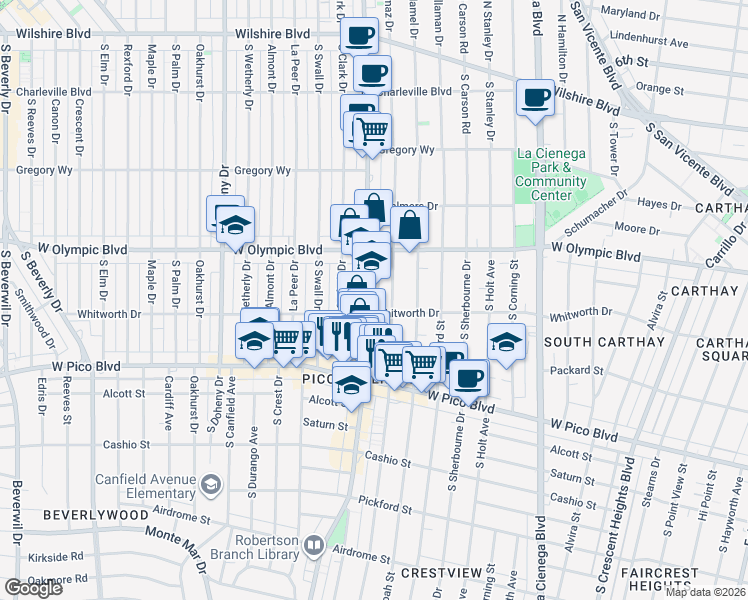 map of restaurants, bars, coffee shops, grocery stores, and more near 1054 South Robertson Boulevard in Los Angeles