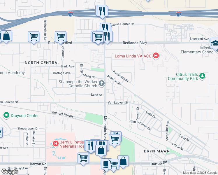 map of restaurants, bars, coffee shops, grocery stores, and more near 10794 Loro Verde Avenue in Loma Linda