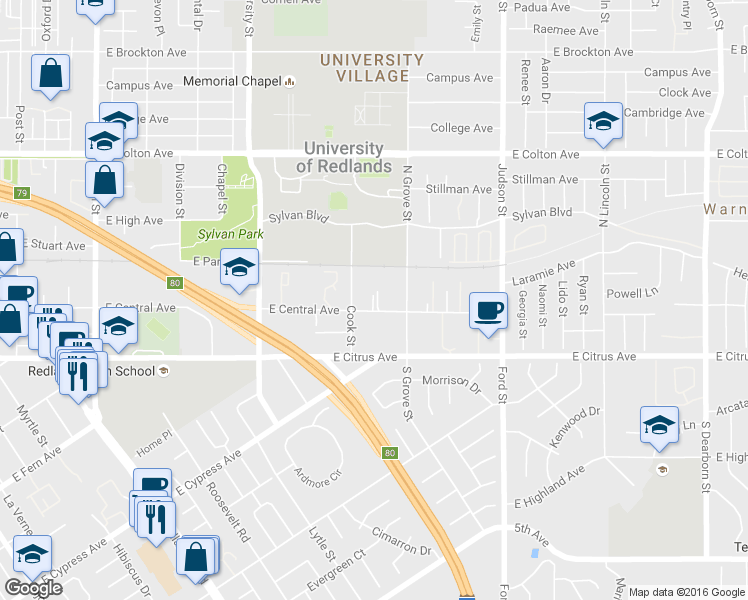 map of restaurants, bars, coffee shops, grocery stores, and more near 1207 East Central Avenue in Redlands