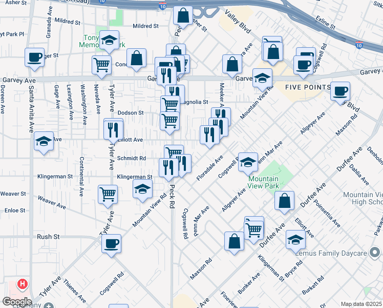 map of restaurants, bars, coffee shops, grocery stores, and more near 11335 Schmidt Road in South El Monte